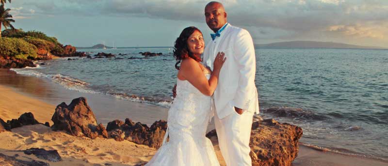 Sunset beach wedding on Maui.